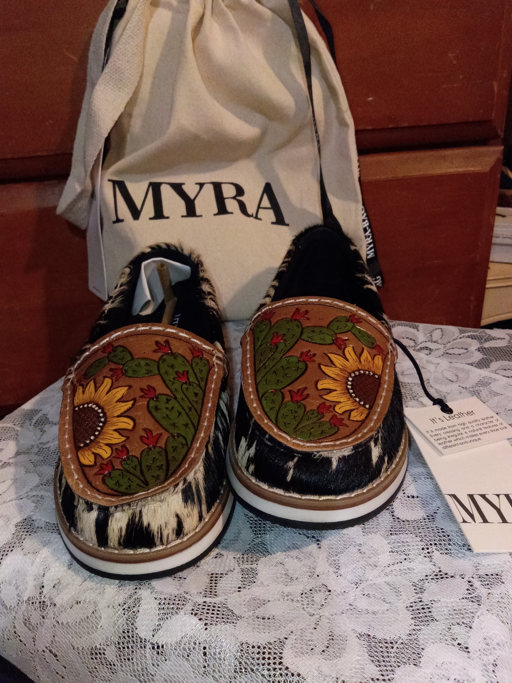 Myra Bag Black Cowhide Flats with Hand-Painted Sunflower Accent